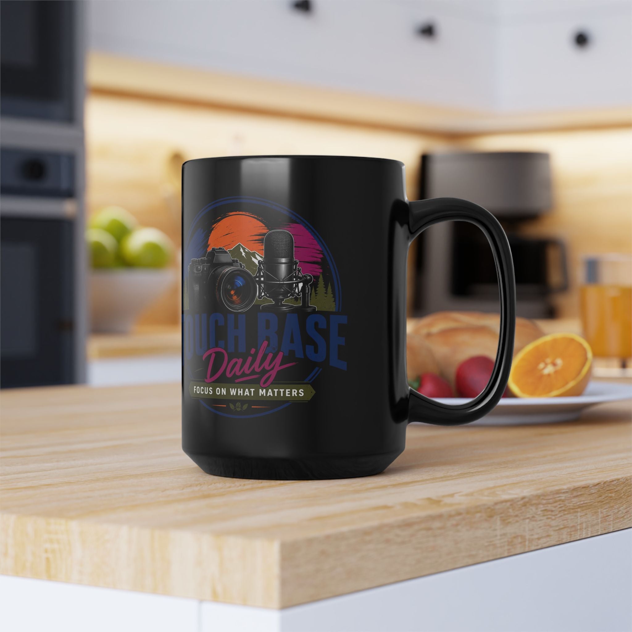Touch Base Daily Mug — Photographer & Podcaster Coffee Cup (Black, 11oz/15oz)