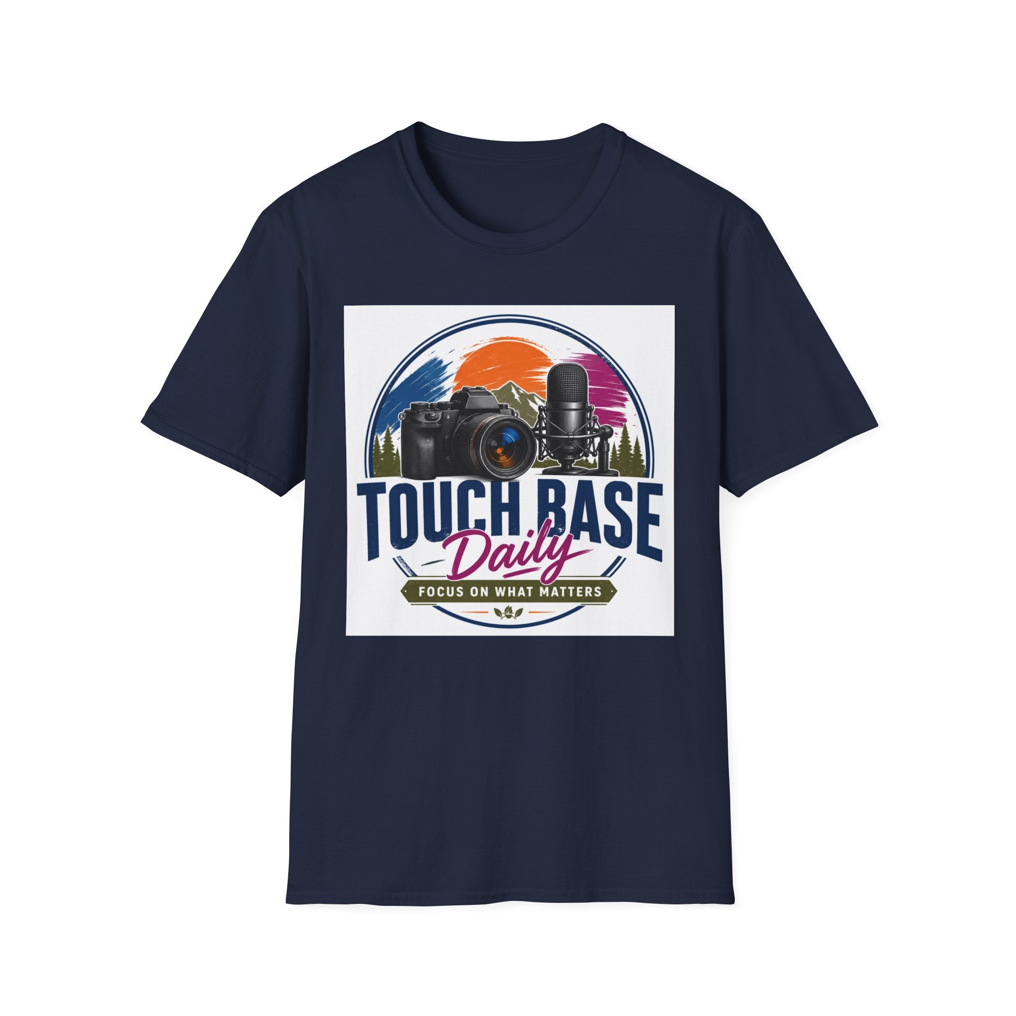 Photography & Podcast Tee — "Touch Base Daily" Camera & Mic Graphic T-Shirt