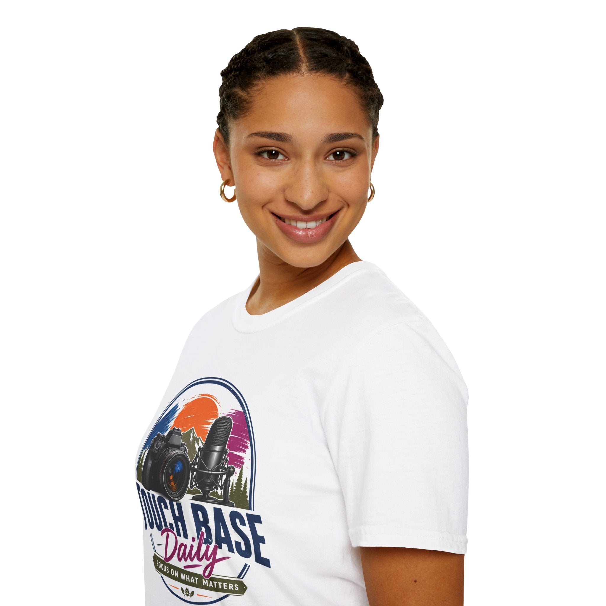 Photography & Podcast Tee — "Touch Base Daily" Camera & Mic Graphic T-Shirt