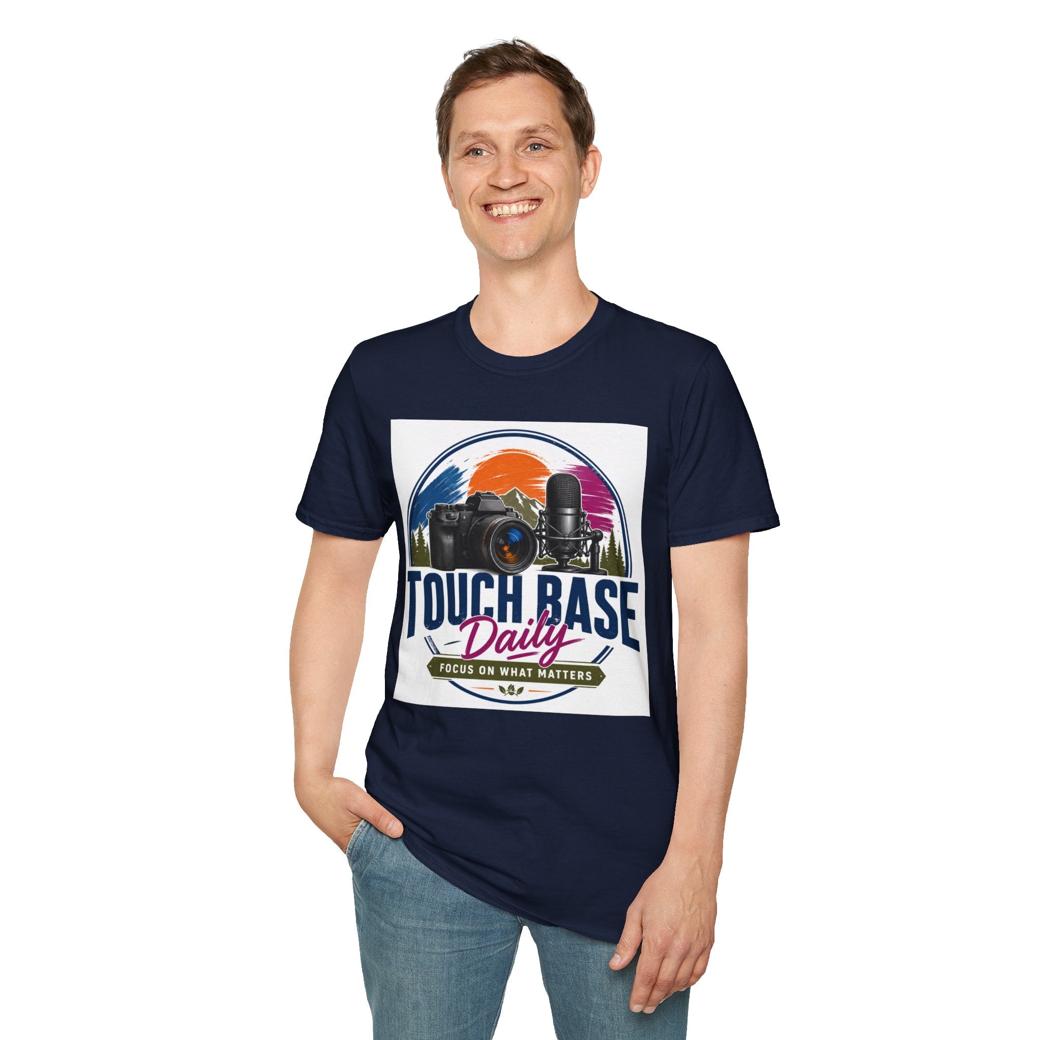 Photography & Podcast Tee — "Touch Base Daily" Camera & Mic Graphic T-Shirt