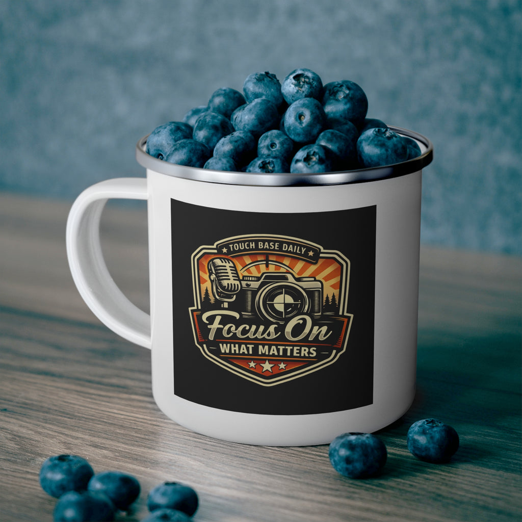 Enamel Camping Mug — "Focus On What Matters" Retro Outdoor Coffee Cup
