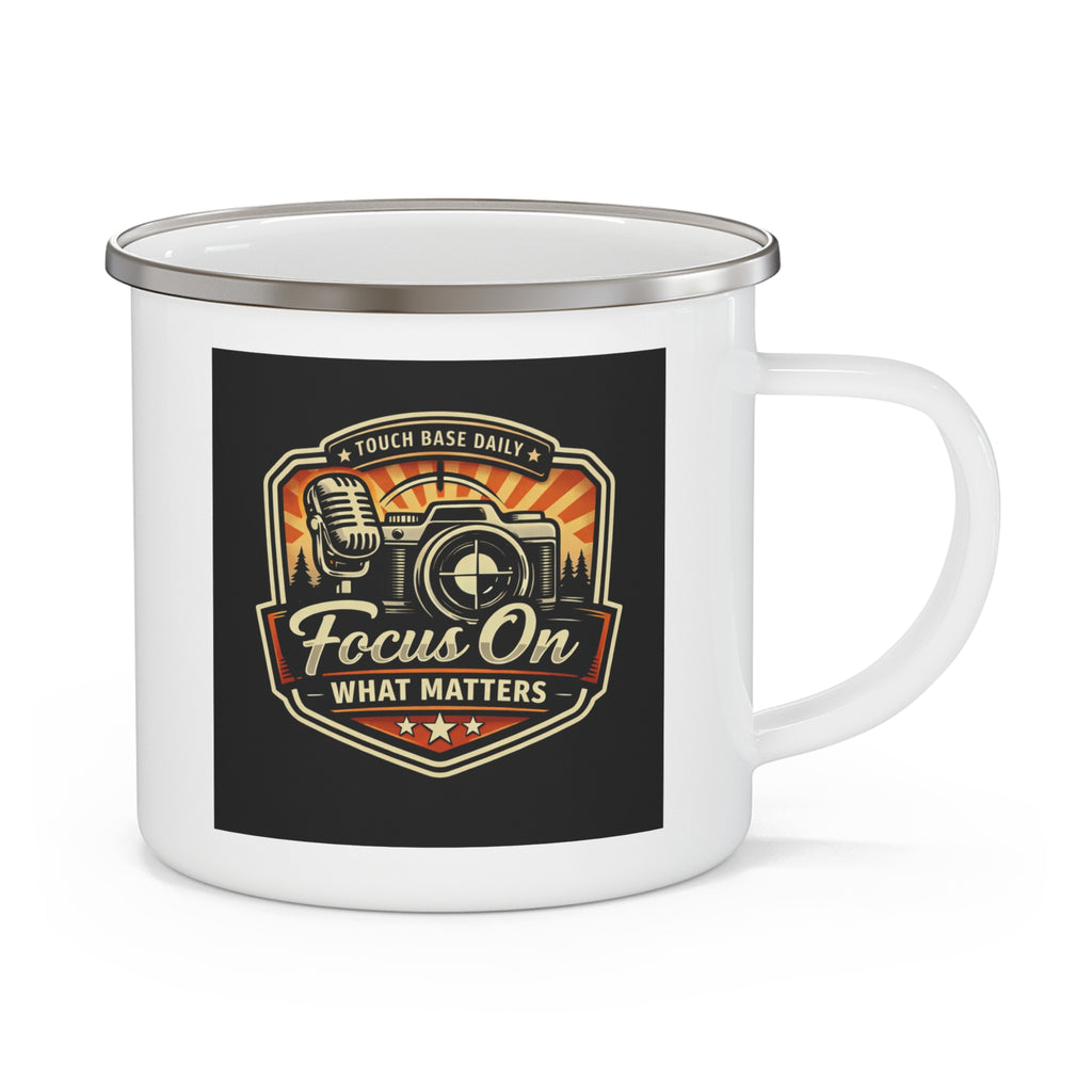Enamel Camping Mug — "Focus On What Matters" Retro Outdoor Coffee Cup