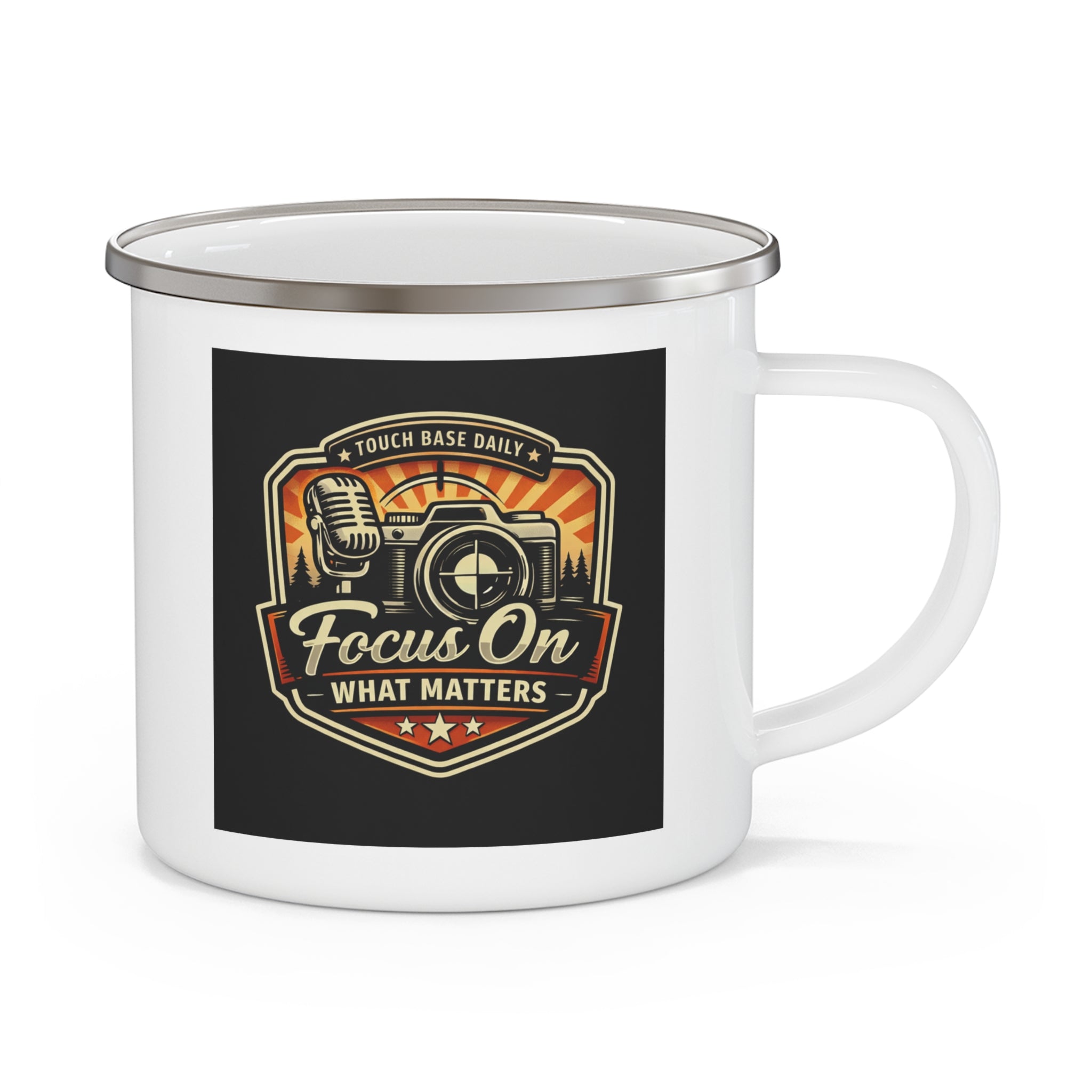 Enamel Camping Mug — "Focus On What Matters" Retro Outdoor Coffee Cup