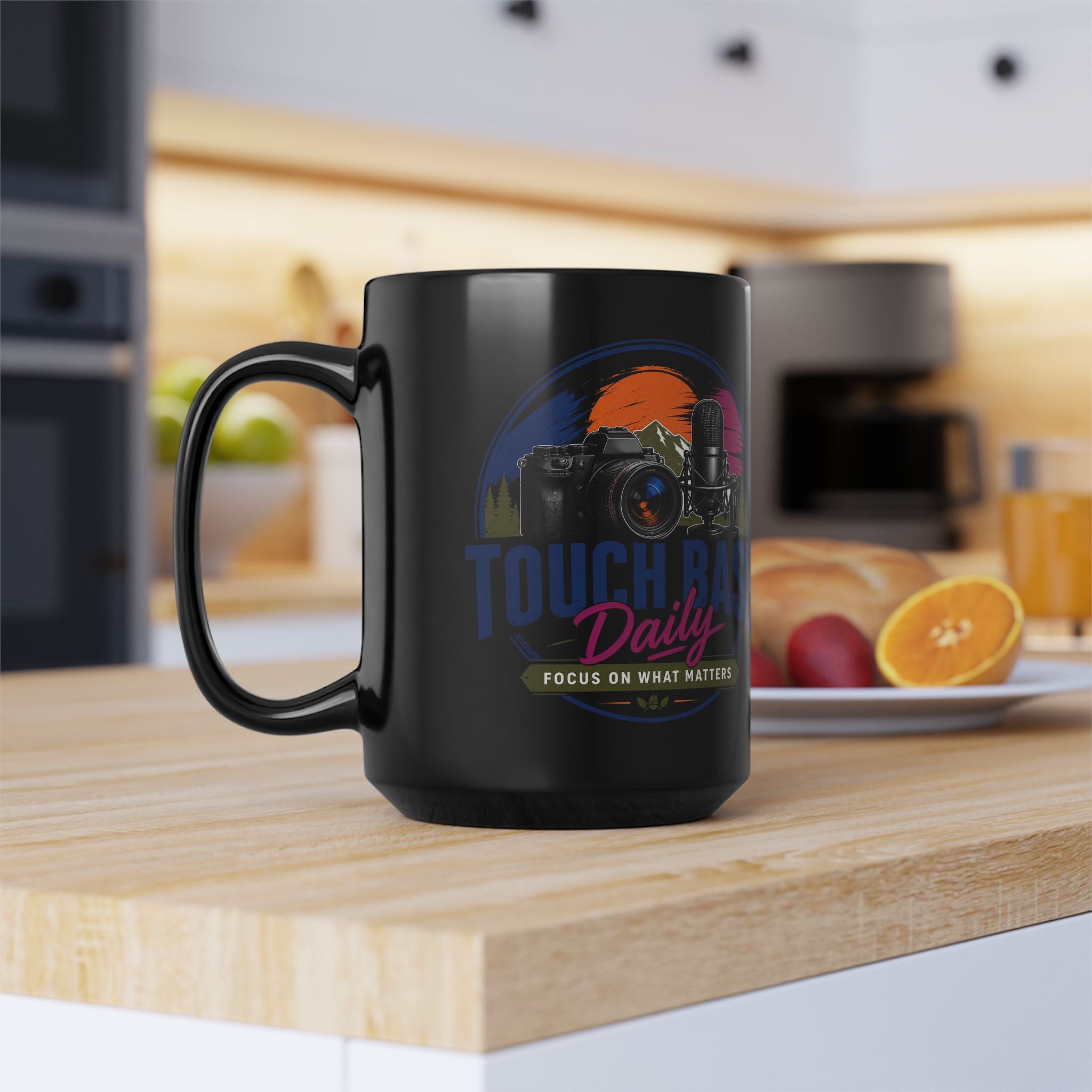Touch Base Daily Mug — Photographer & Podcaster Coffee Cup (Black, 11oz/15oz)