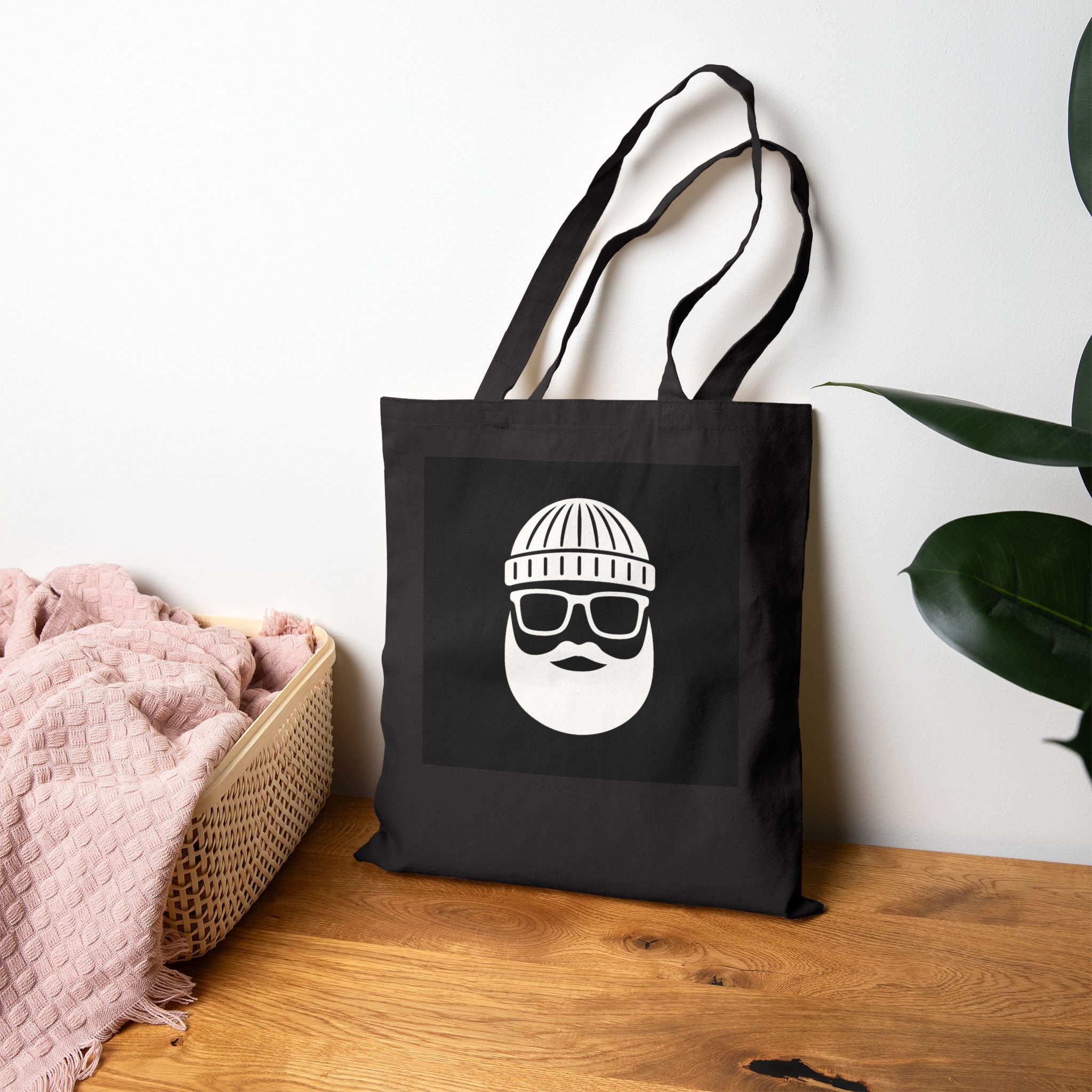 Bearded Hipster Tote Bag – Graphic Cotton Canvas Tote with Beanie & Glasses Design
