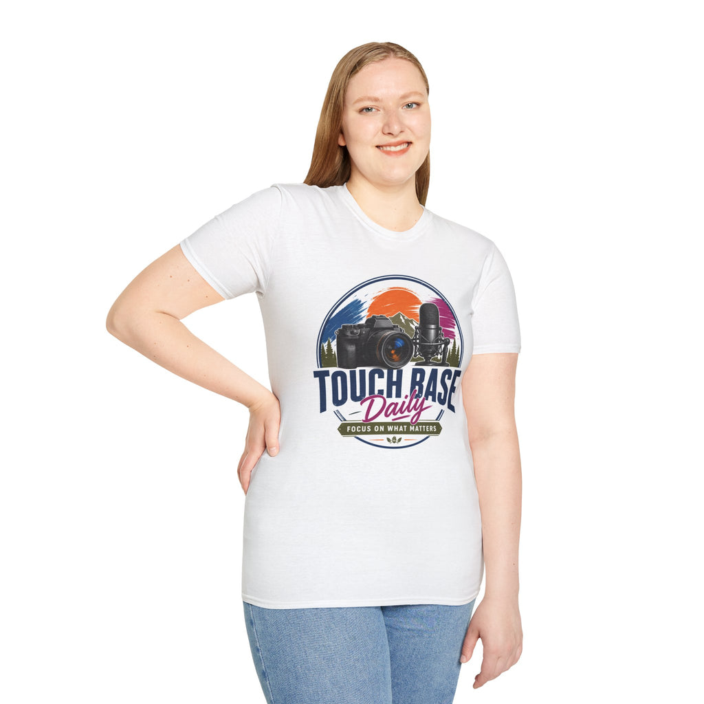 Photography & Podcast Tee — "Touch Base Daily" Camera & Mic Graphic T-Shirt