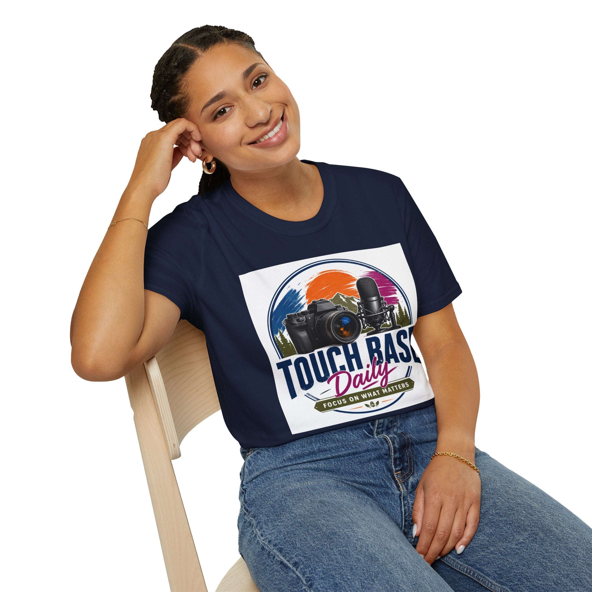 Photography & Podcast Tee — "Touch Base Daily" Camera & Mic Graphic T-Shirt