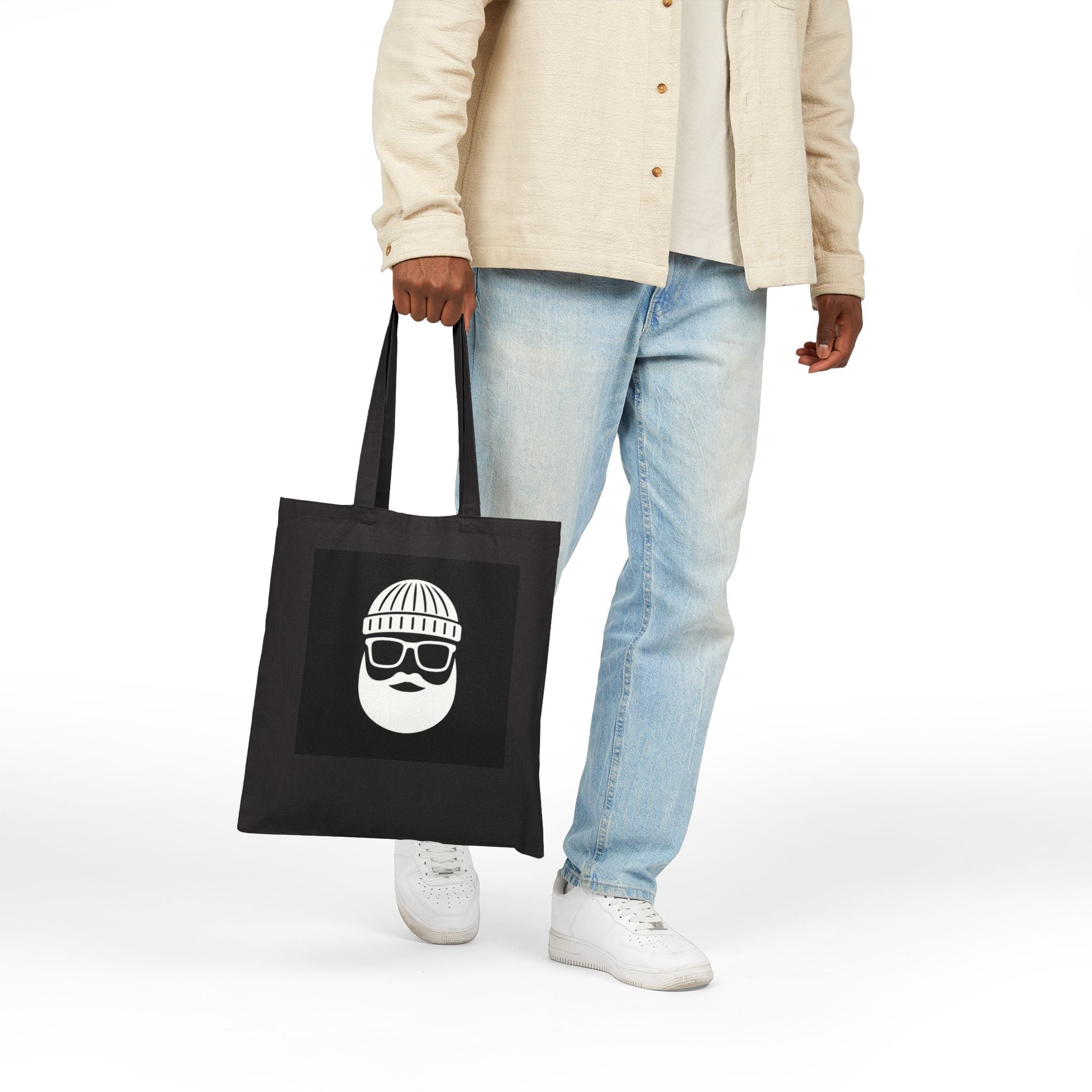 Bearded Hipster Tote Bag – Graphic Cotton Canvas Tote with Beanie & Glasses Design