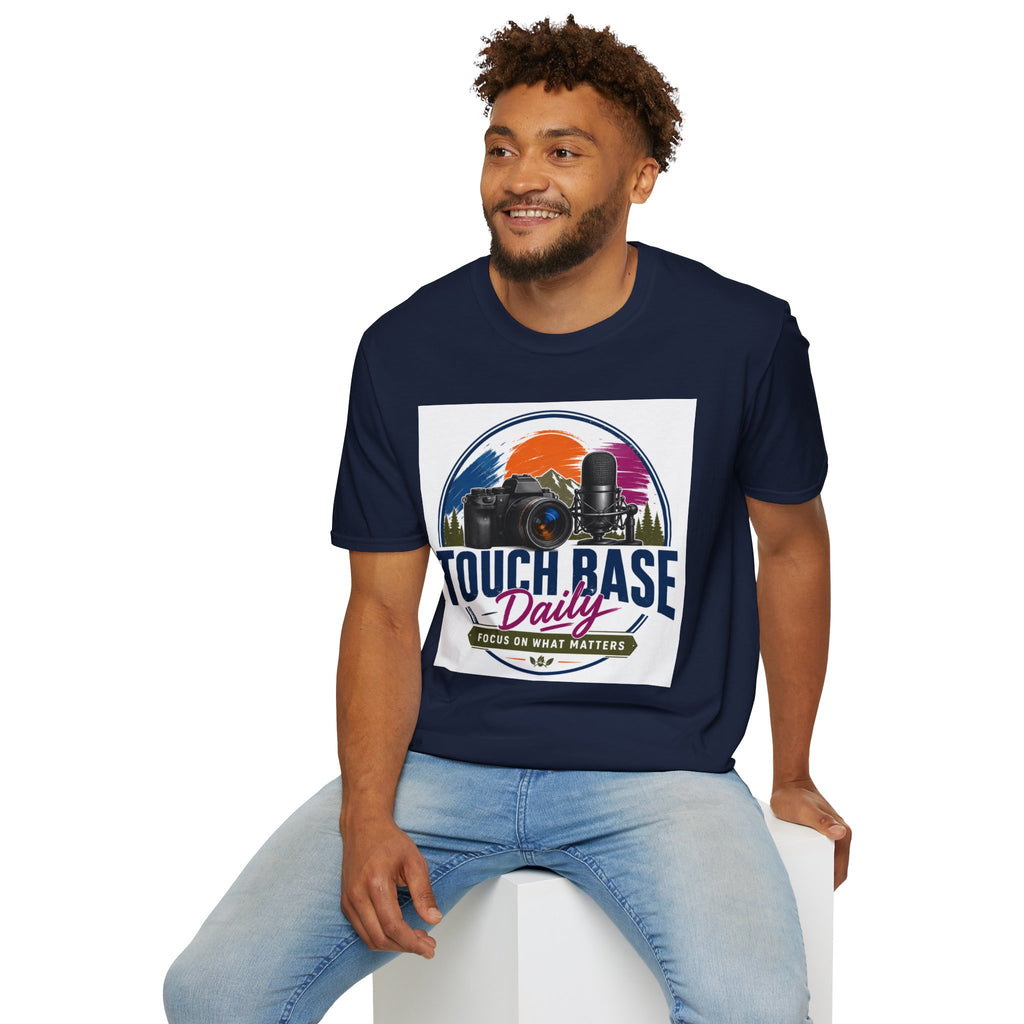 Photography & Podcast Tee — "Touch Base Daily" Camera & Mic Graphic T-Shirt