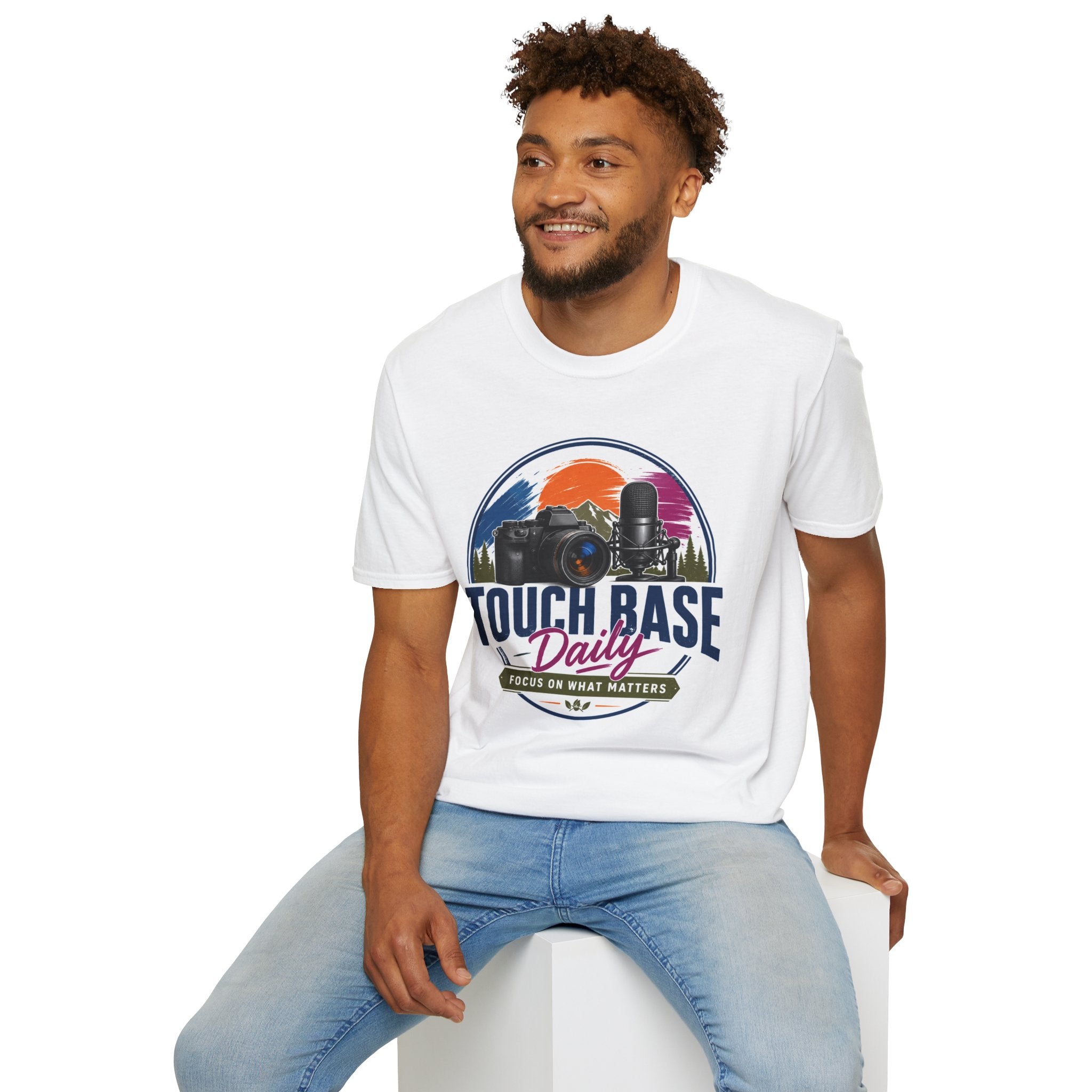 Photography & Podcast Tee — "Touch Base Daily" Camera & Mic Graphic T-Shirt