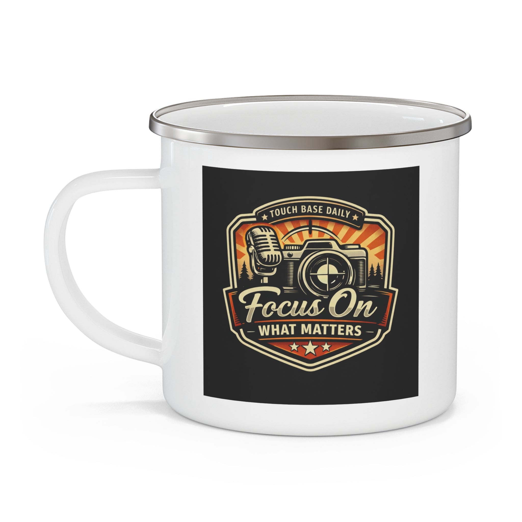 Enamel Camping Mug — "Focus On What Matters" Retro Outdoor Coffee Cup