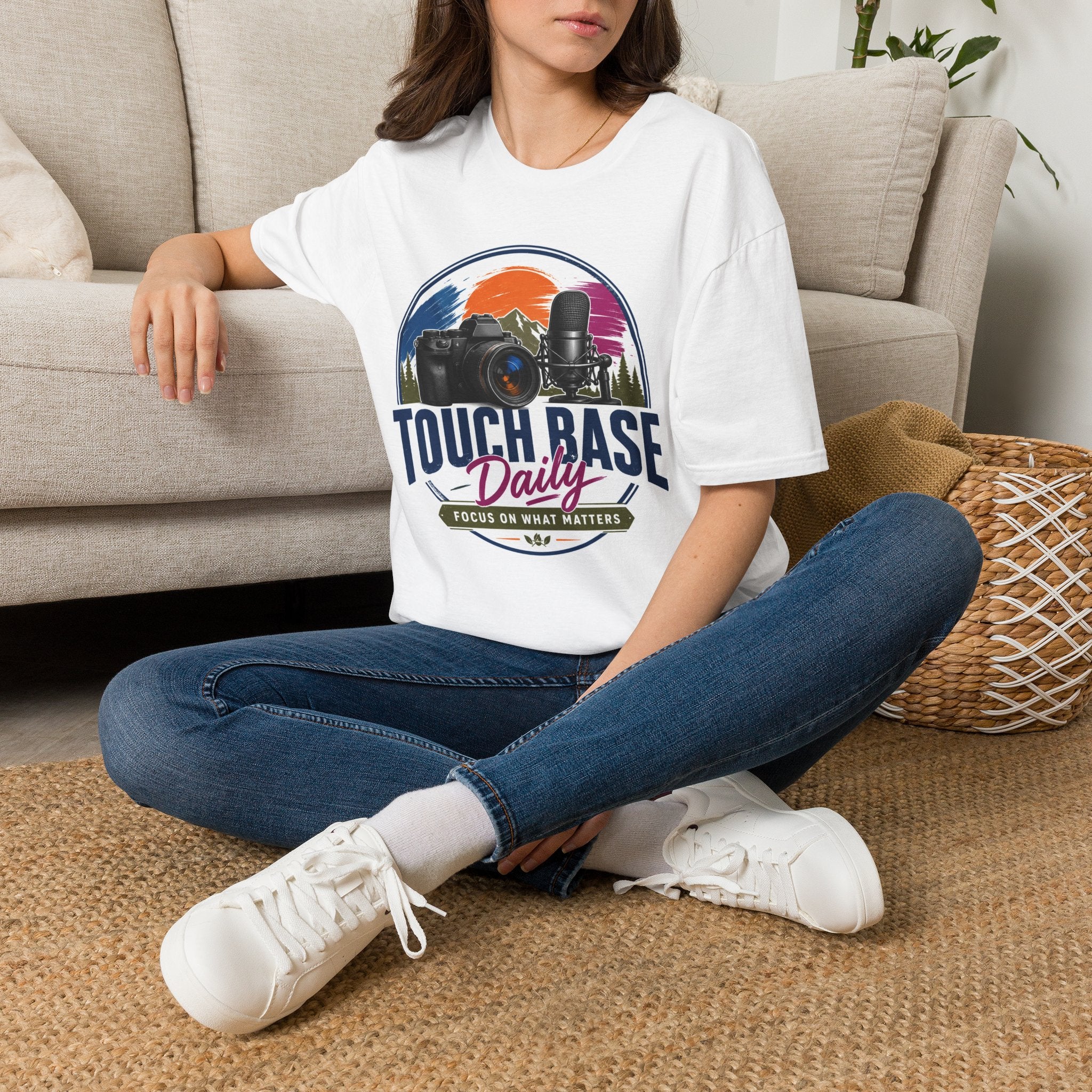 Photography & Podcast Tee — "Touch Base Daily" Camera & Mic Graphic T-Shirt