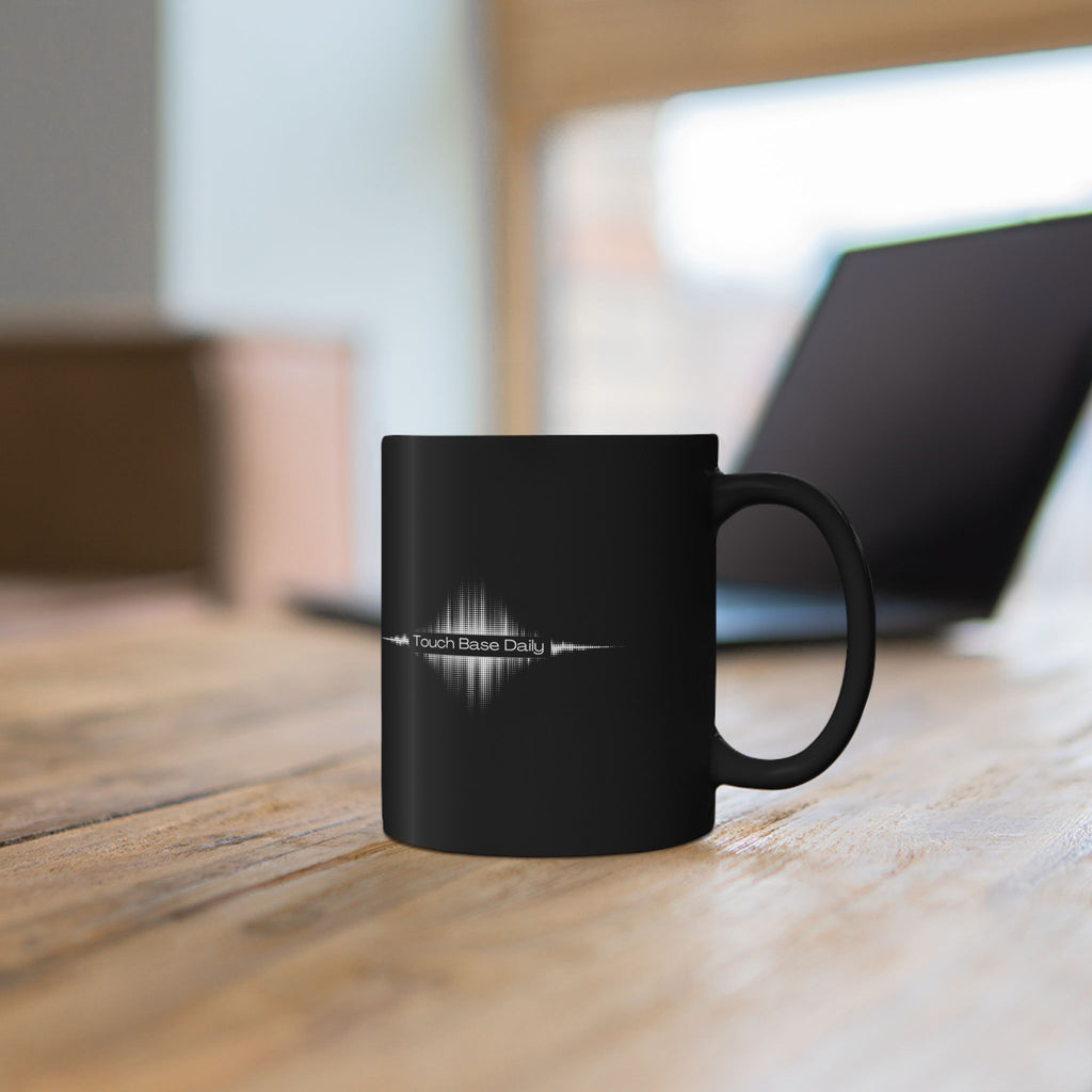 Black Mug — 'Touch Base Daily' Soundwave & Bearded Hipster Graphic Coffee Mug (11oz, 15oz)