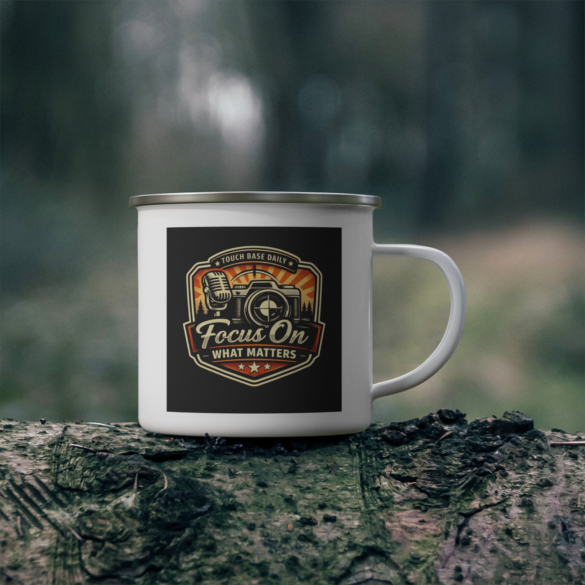 Enamel Camping Mug — "Focus On What Matters" Retro Outdoor Coffee Cup