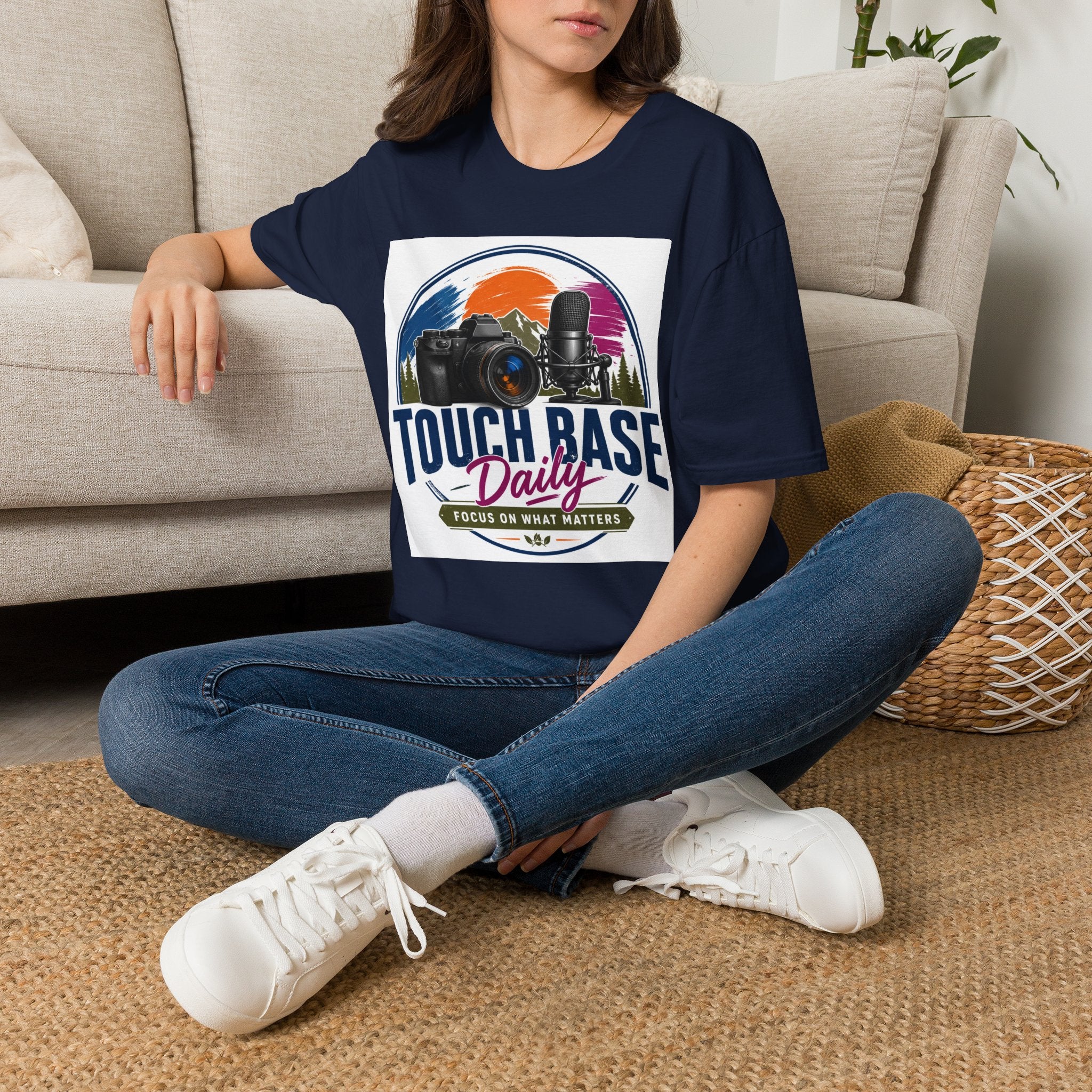 Photography & Podcast Tee — "Touch Base Daily" Camera & Mic Graphic T-Shirt