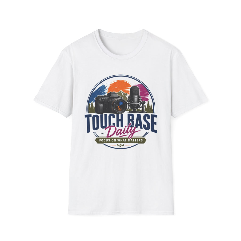 Photography & Podcast Tee — "Touch Base Daily" Camera & Mic Graphic T-Shirt