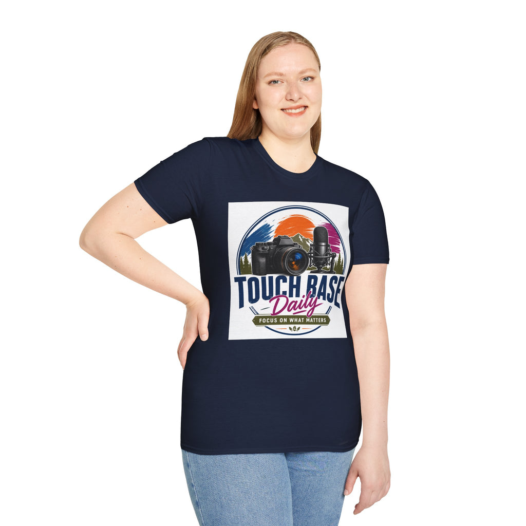 Photography & Podcast Tee — "Touch Base Daily" Camera & Mic Graphic T-Shirt