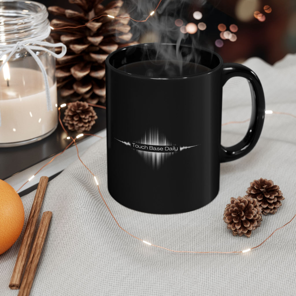 Black Mug — 'Touch Base Daily' Soundwave & Bearded Hipster Graphic Coffee Mug (11oz, 15oz)