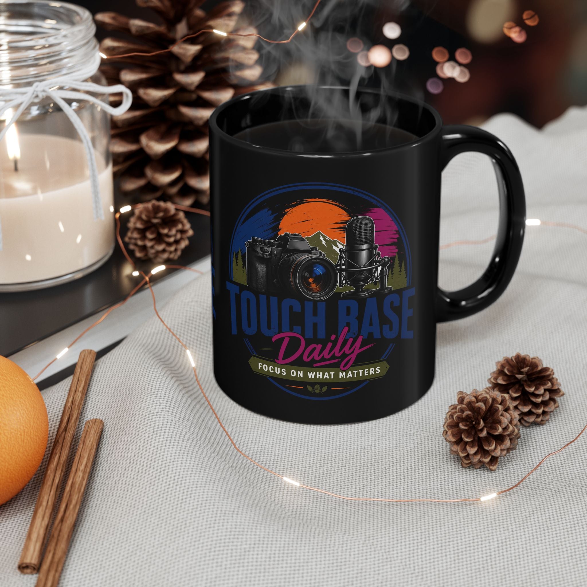 Touch Base Daily Mug — Photographer & Podcaster Coffee Cup (Black, 11oz/15oz)