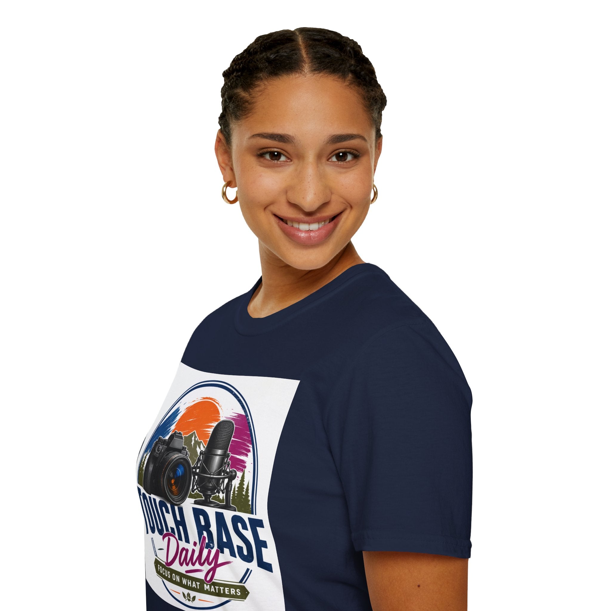 Photography & Podcast Tee — "Touch Base Daily" Camera & Mic Graphic T-Shirt