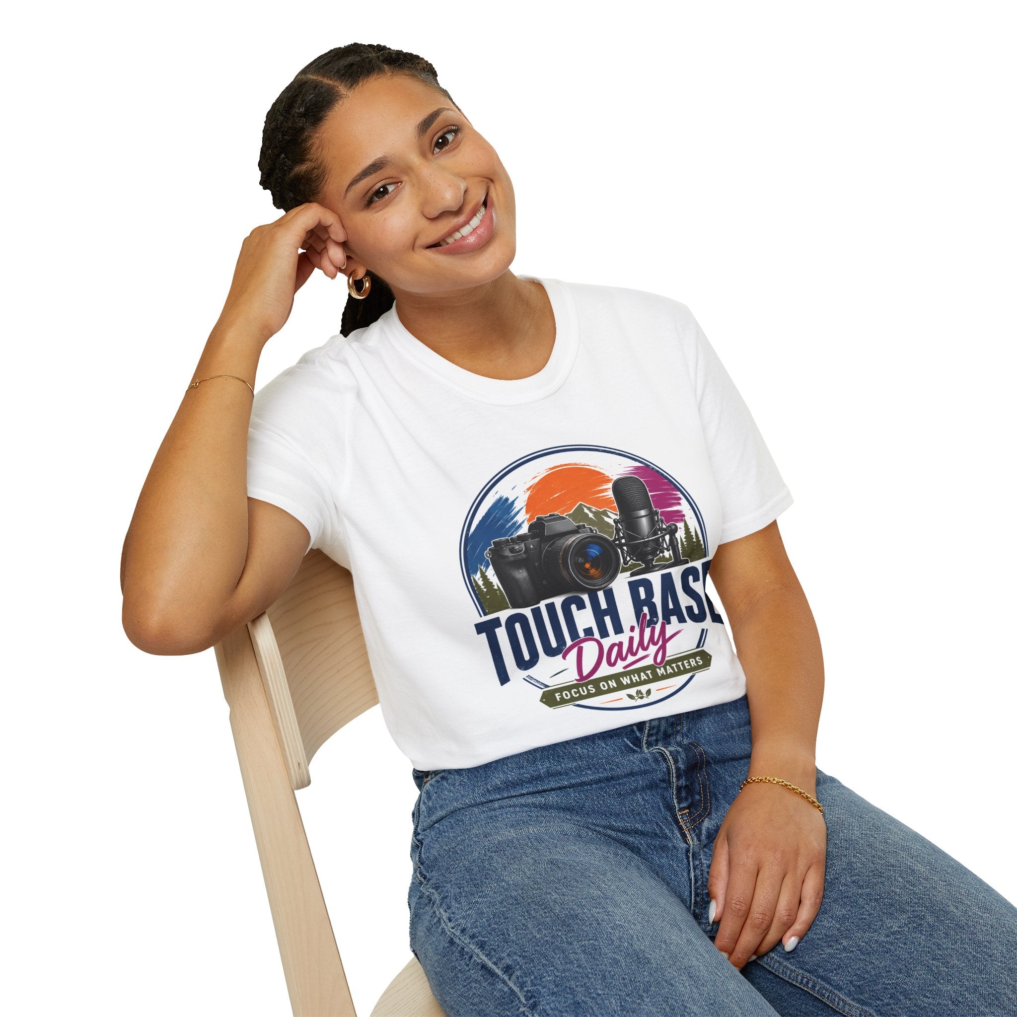 Photography & Podcast Tee — "Touch Base Daily" Camera & Mic Graphic T-Shirt