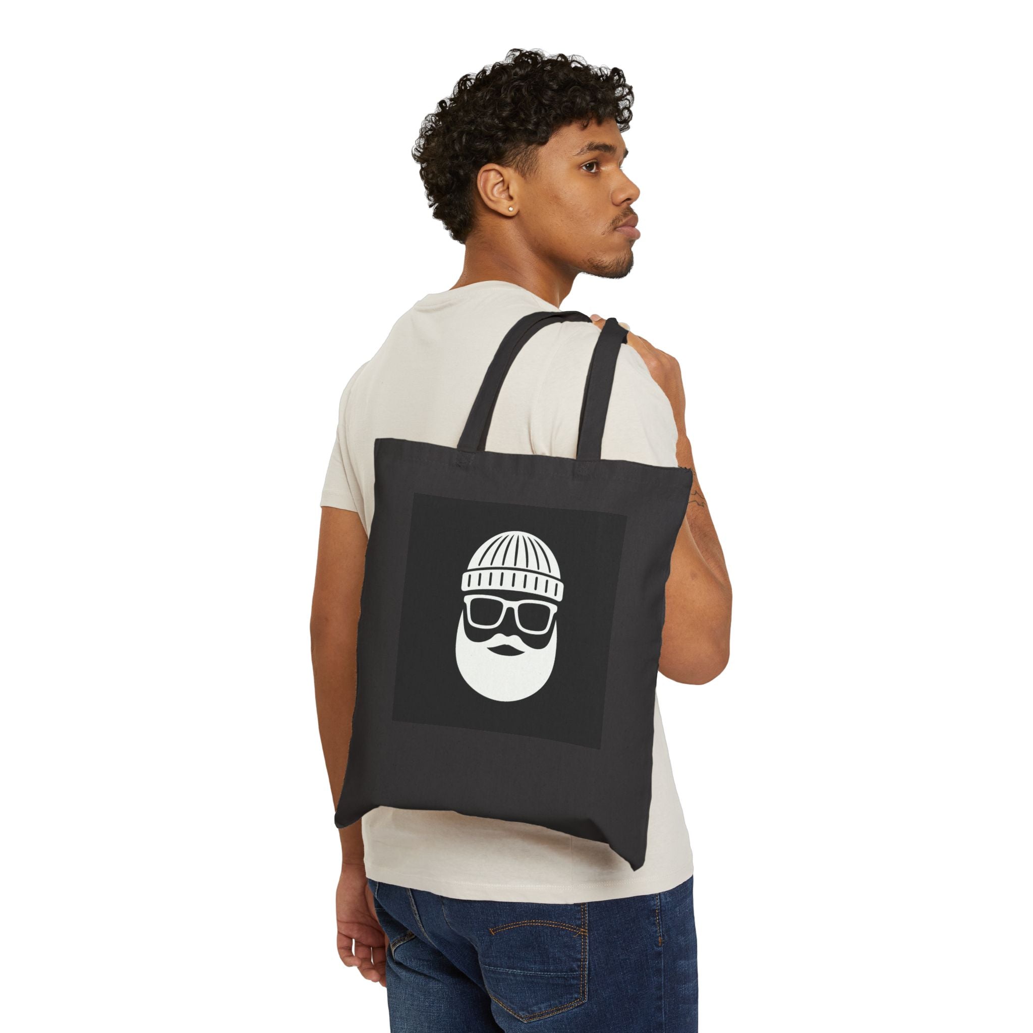 Bearded Hipster Tote Bag – Graphic Cotton Canvas Tote with Beanie & Glasses Design