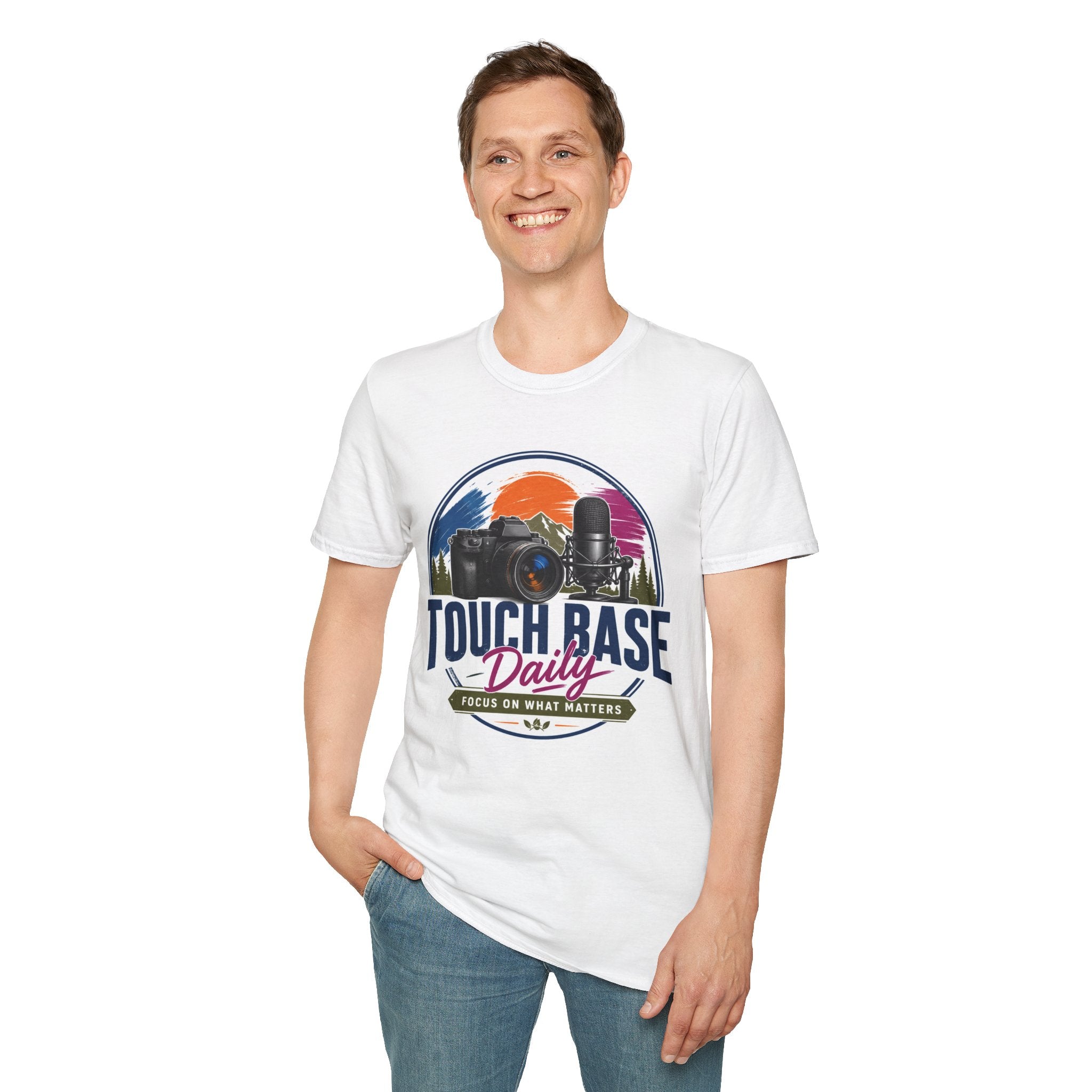 Photography & Podcast Tee — "Touch Base Daily" Camera & Mic Graphic T-Shirt