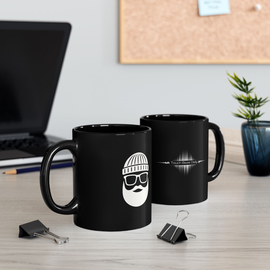 Black Mug — 'Touch Base Daily' Soundwave & Bearded Hipster Graphic Coffee Mug (11oz, 15oz)